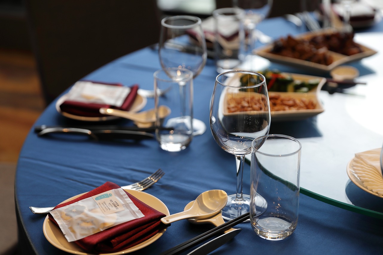 A blue tablecloth on a table.