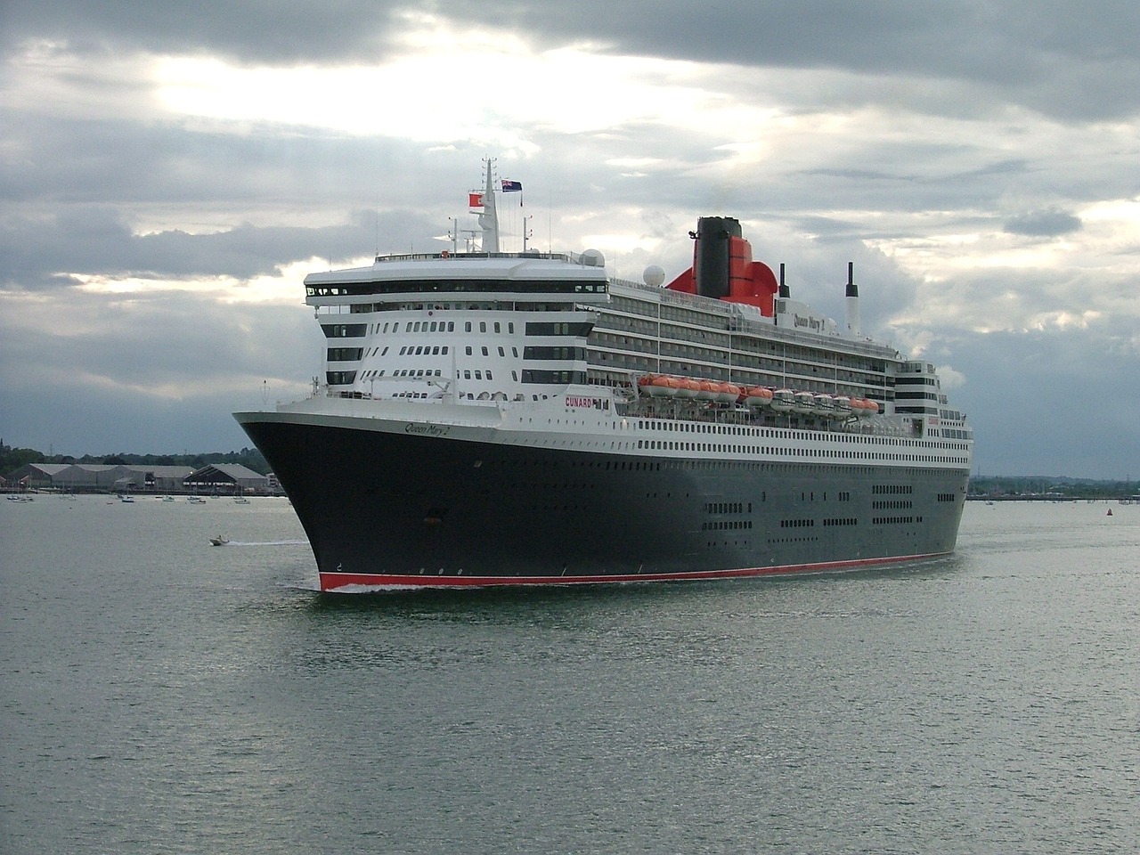 A large cruise ship in the water.